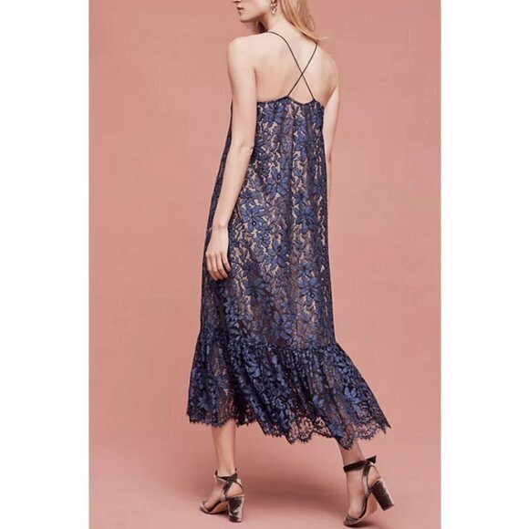 💕MOULINETTE SOEURS ANTHROPOLOGIE💕 Celestial Lace Maxi Dress Navy Blue 12 NWOT - Picture 5 of 14
